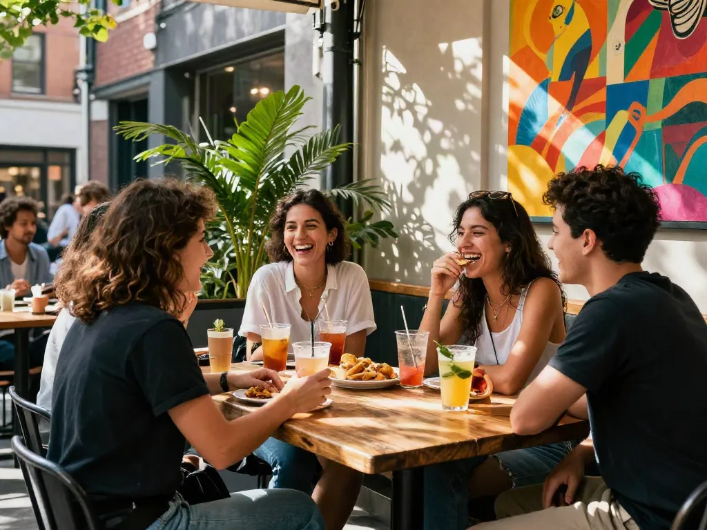 Friends relaxing at a cafe, embodying the vibrant lifestyle inspired by rokok88.